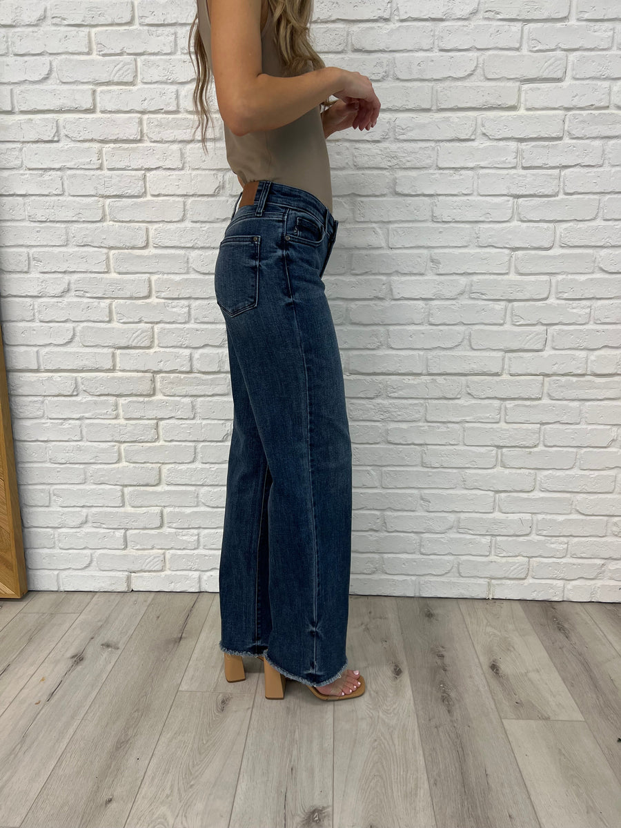 Judy Blue Mid Rise Retro Wide Leg Jeans with Fold-over Waistband