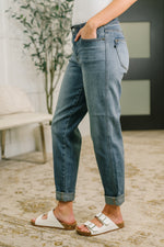 Load image into Gallery viewer, Judy Blue Doris Mid Rise Boyfriend with Adjustable Back Tab + Hollywood WB
