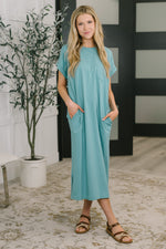 Load image into Gallery viewer, Fix You Right Up Short Sleeve Midi Dress in Dusty Teal
