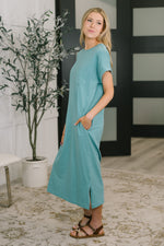 Load image into Gallery viewer, Fix You Right Up Short Sleeve Midi Dress in Dusty Teal

