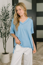 Load image into Gallery viewer, Growing Restless V-Neck Tee in Spring Blue
