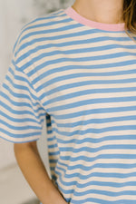 Load image into Gallery viewer, I Think I'm in Love Round Neck Loose Tee in Blue and Pink

