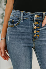 Load image into Gallery viewer, Judy Blue Marion Mid Rise Button Fly Flare with Destroy Fray Hem
