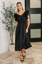 Load image into Gallery viewer, Pinstripe Romance V-Neck Ruffle Sleeve Dress in Black
