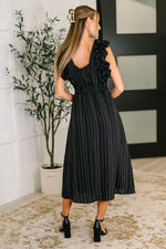 Load image into Gallery viewer, Pinstripe Romance V-Neck Ruffle Sleeve Dress in Black
