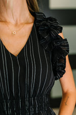Load image into Gallery viewer, Pinstripe Romance V-Neck Ruffle Sleeve Dress in Black
