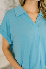 Load image into Gallery viewer, Sea You Soon Collared Top in Costal Blue
