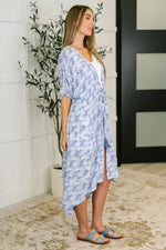 Load image into Gallery viewer, Tropical Print Gauze Kimono with Elastic Waist Tie in Periwinkle
